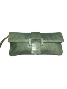 Vintage HOBO International Green Leather Buckle Foldover Clutch Wristlet